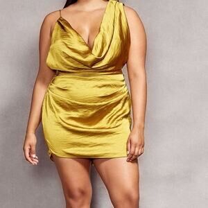 Prettylittlething x Naomi Campbell satin chartreuse cowl neck bodycon dress